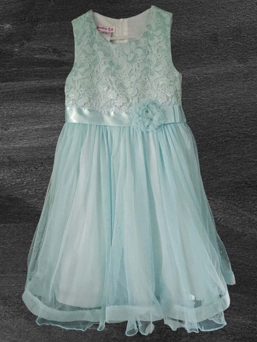 Jessica Ann Aqua Blue Lace & Tulle Party Dress - Girls 6X (Like New)